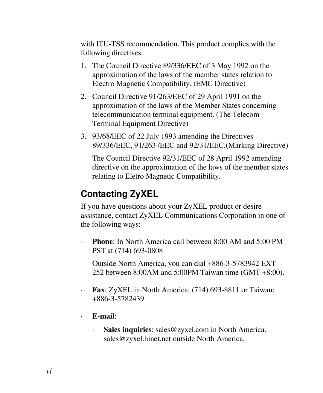 ZyXEL Communications RS-1612 manual Contacting ZyXEL, ∙ E-mail 