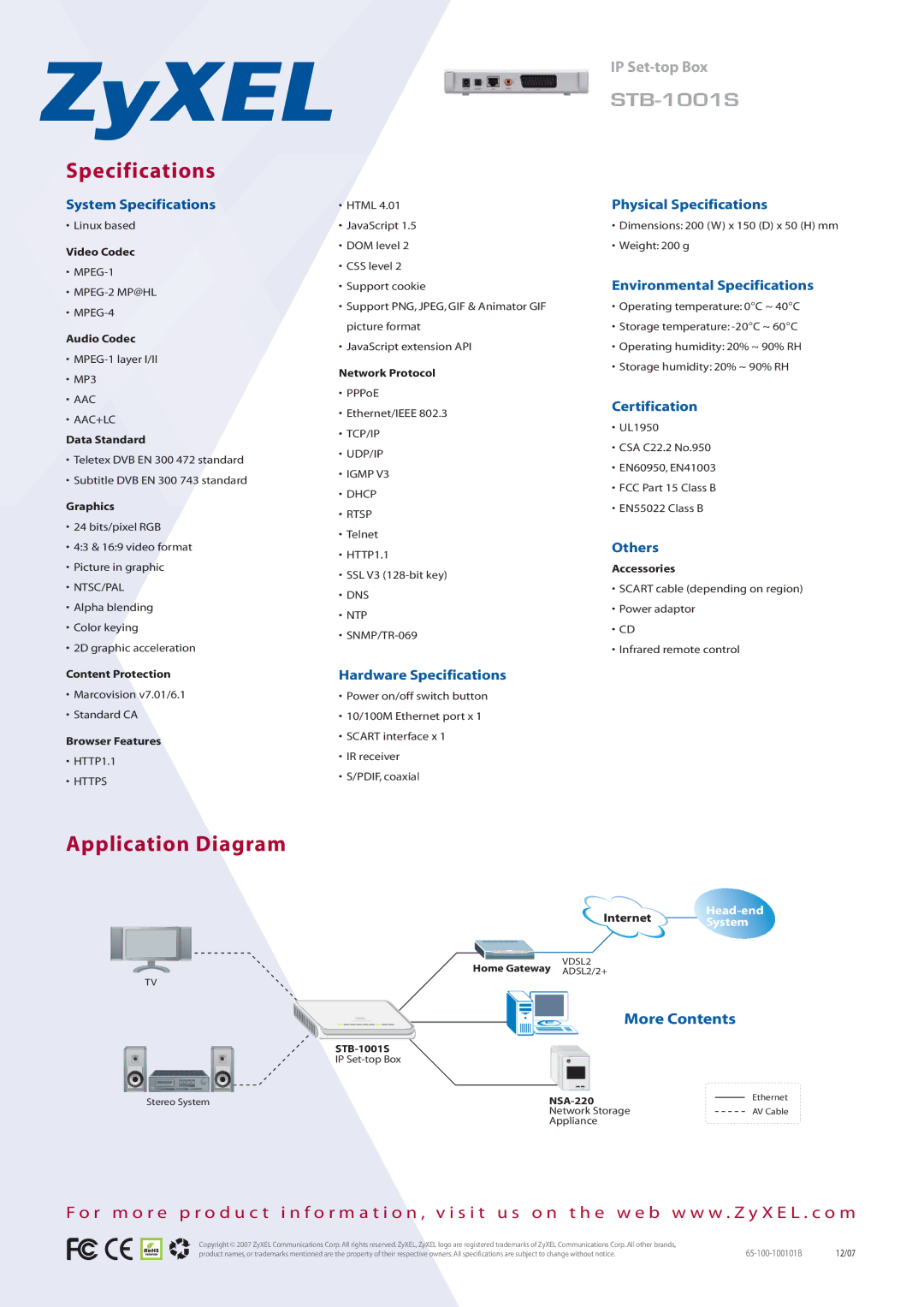 ZyXEL Communications STB-1001S manual Specifications, Application Diagram 