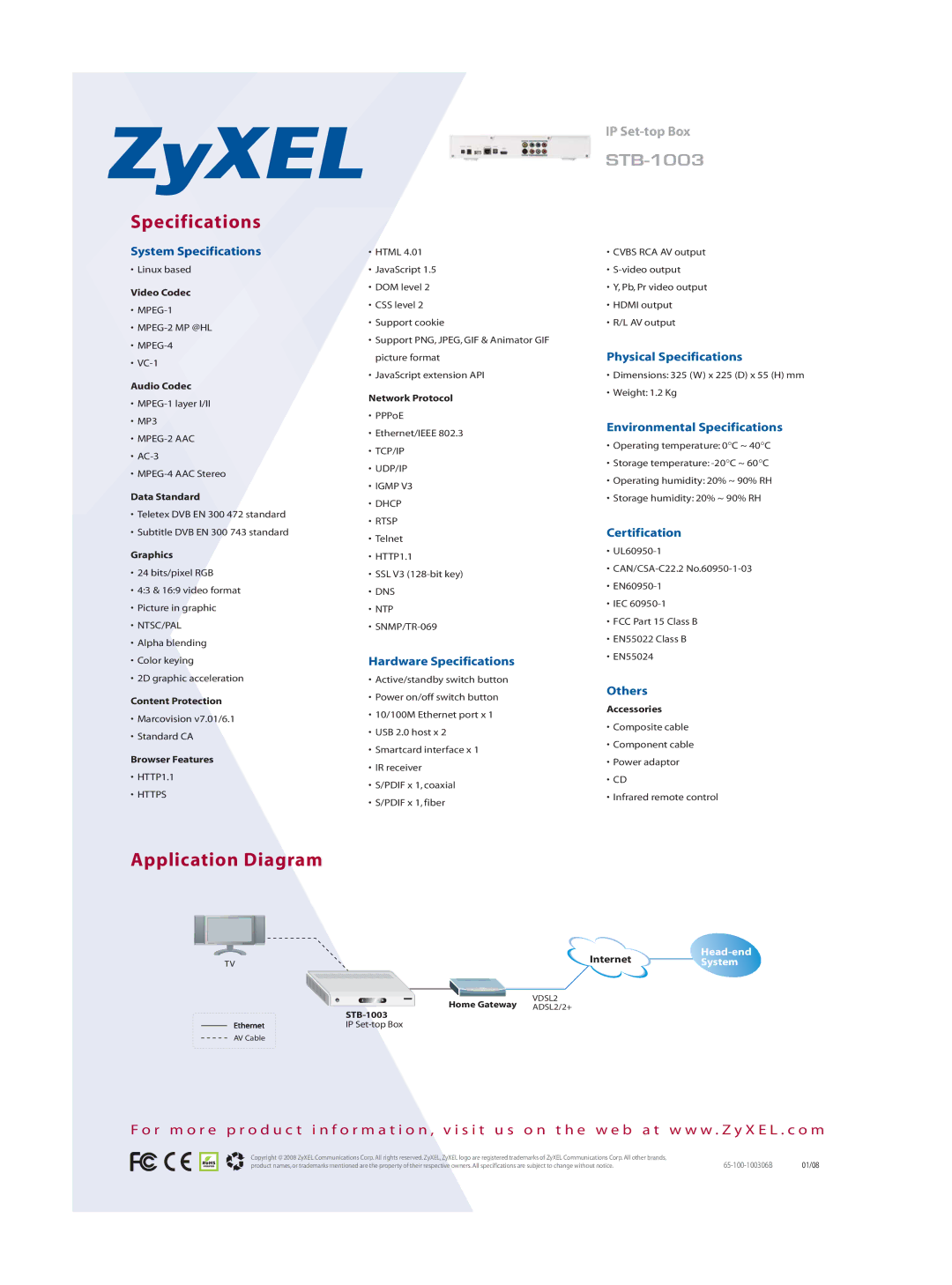 ZyXEL Communications STB-1003 manual Specifications, Application Diagram 