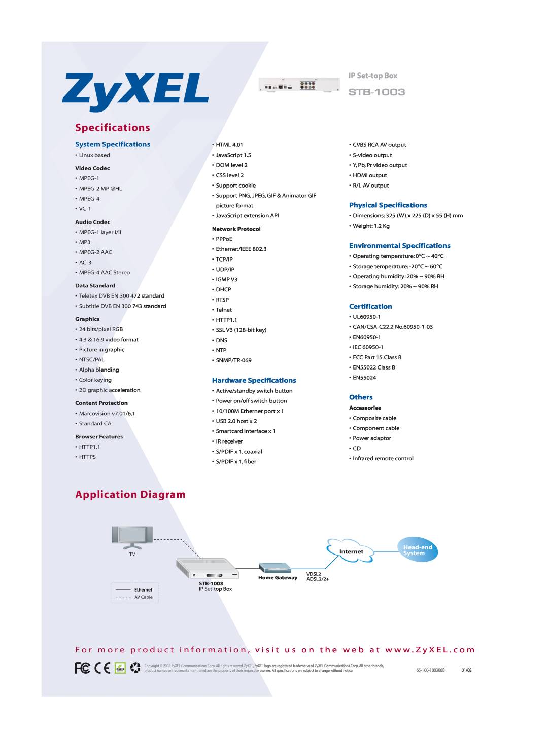 ZyXEL Communications STB-1003 manual Application Diagram, System Specifications, Hardware Specifications, Certification 