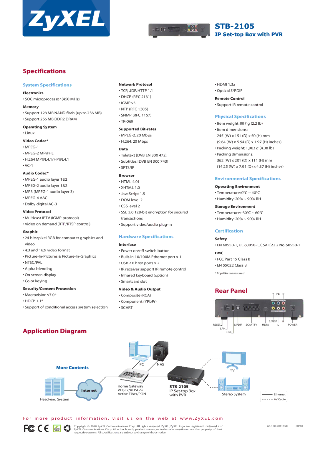 ZyXEL Communications STB-2105, 65-100-901105B manual Specifications, Rear Panel, Application Diagram 