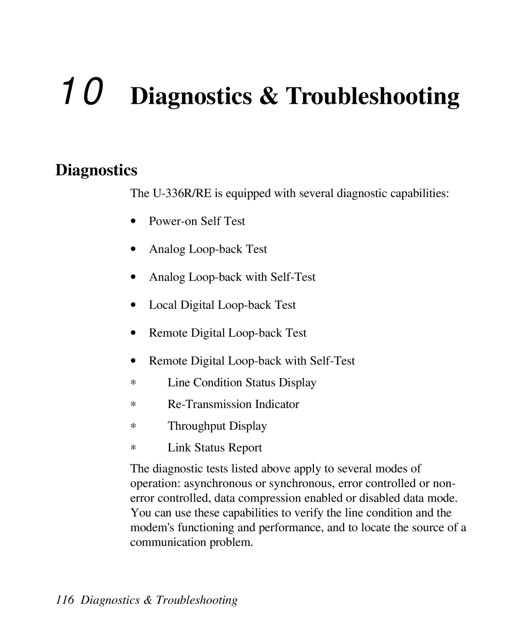 ZyXEL Communications U-336R/RE manual Diagnostics & Troubleshooting 