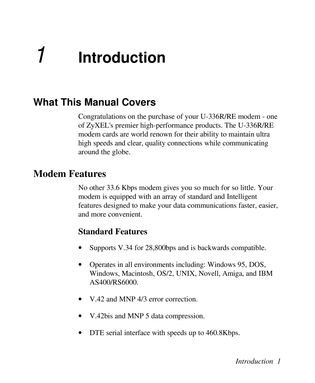 ZyXEL Communications U-336R/RE manual Modem Features, Standard Features, Introduction 