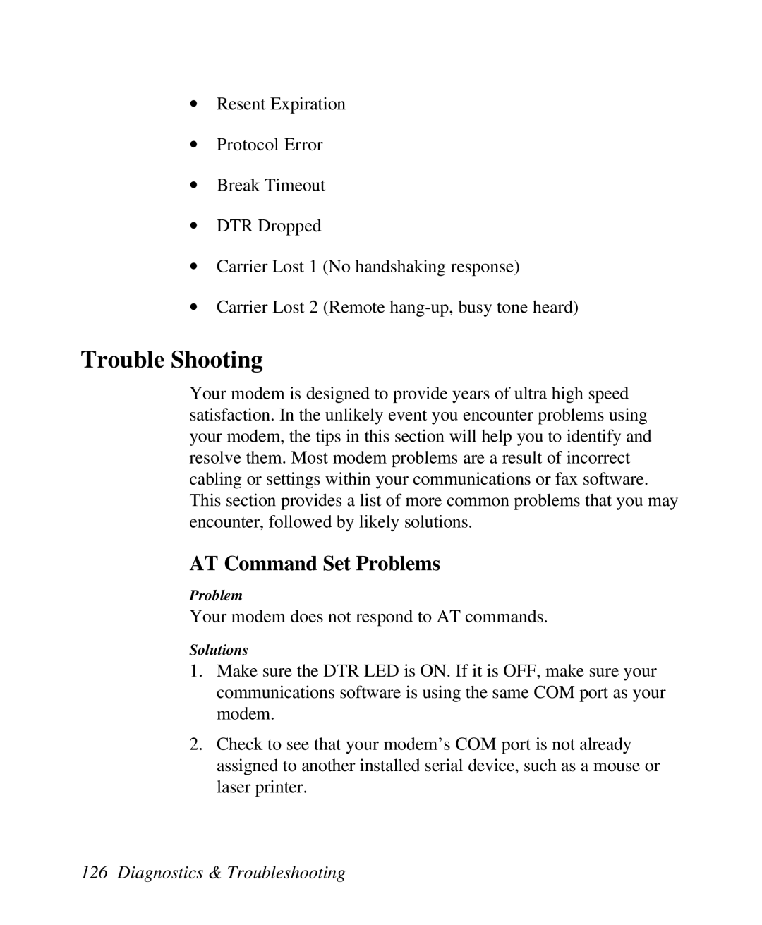 ZyXEL Communications U-336R/RE manual Trouble Shooting, AT Command Set Problems 