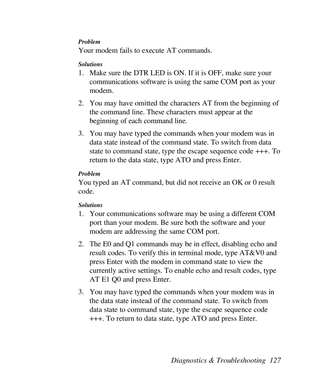 ZyXEL Communications U-336R/RE manual Your modem fails to execute AT commands 