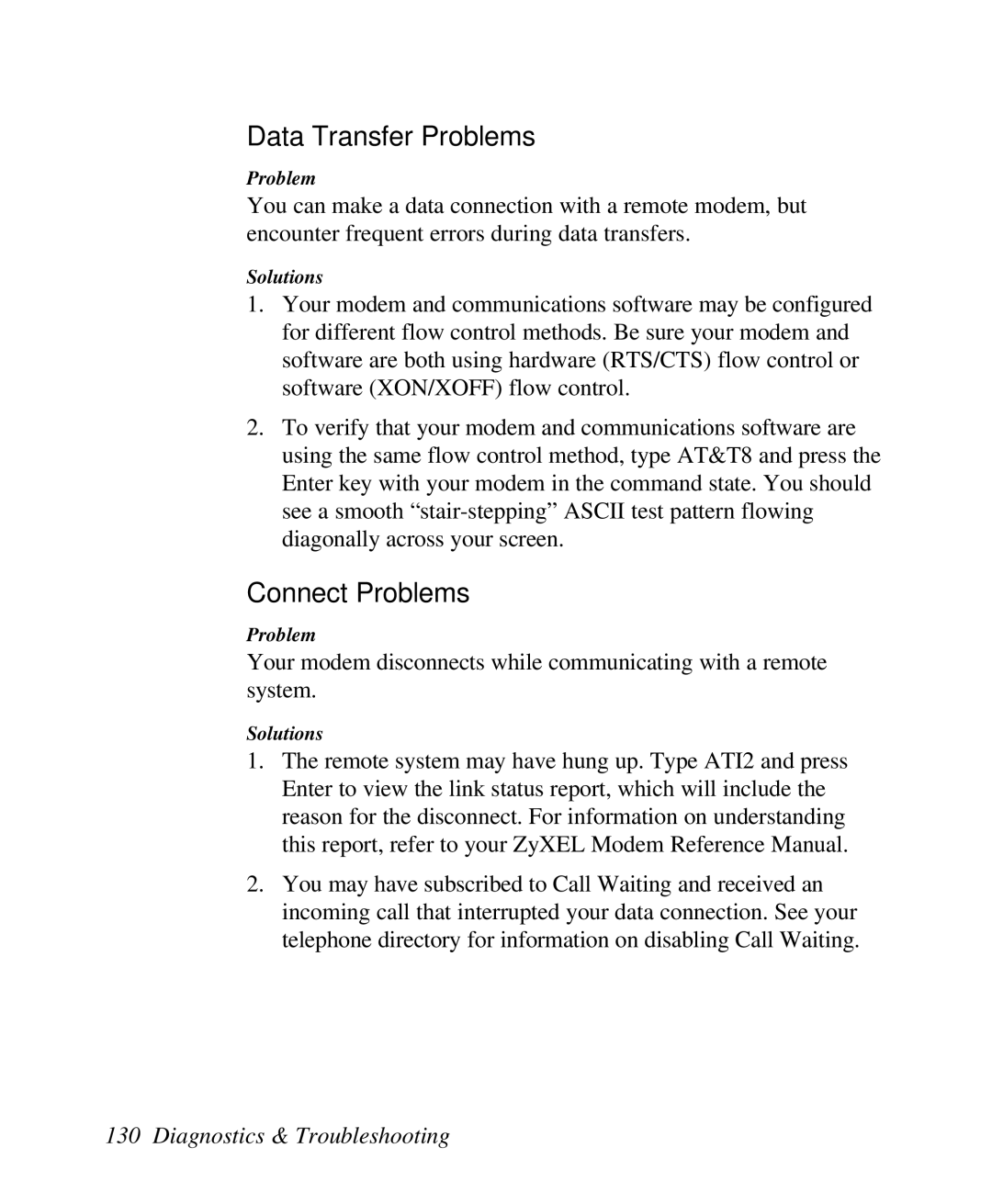 ZyXEL Communications U-336R/RE manual Data Transfer Problems, Connect Problems 