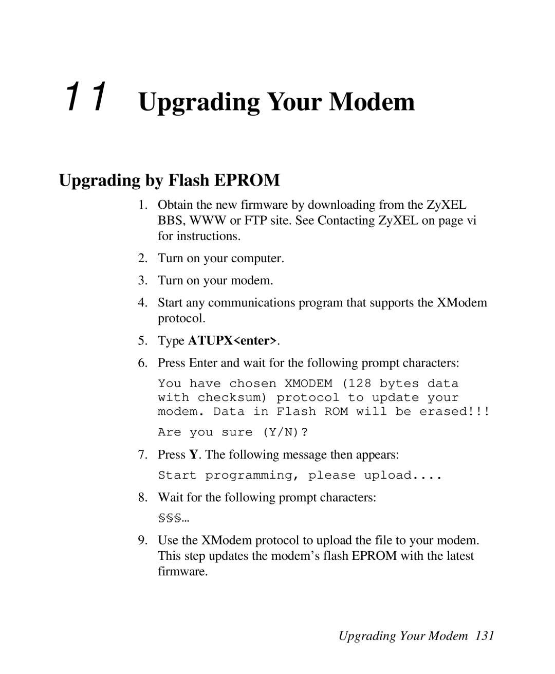 ZyXEL Communications U-336R/RE manual Upgrading Your Modem, Upgrading by Flash Eprom, Type ATUPXenter 