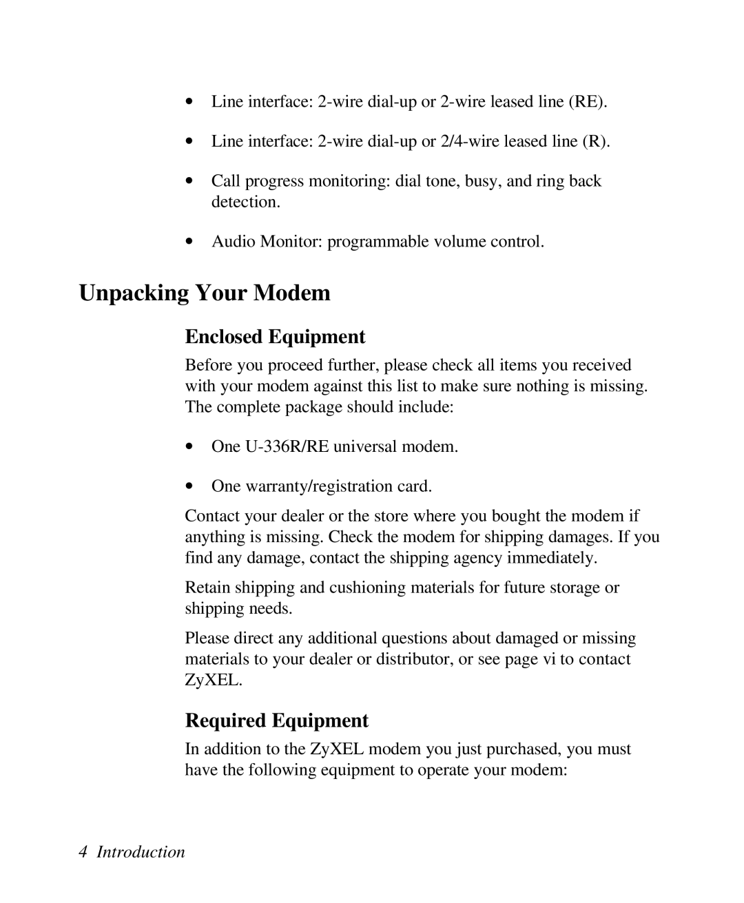 ZyXEL Communications U-336R/RE manual Unpacking Your Modem, Enclosed Equipment, Required Equipment 