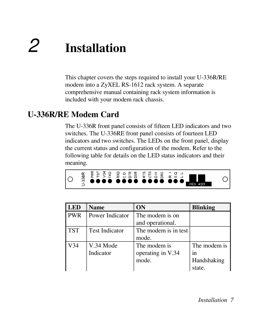 ZyXEL Communications U-336R/RE manual Installation, 336R/RE Modem Card, Name Blinking 