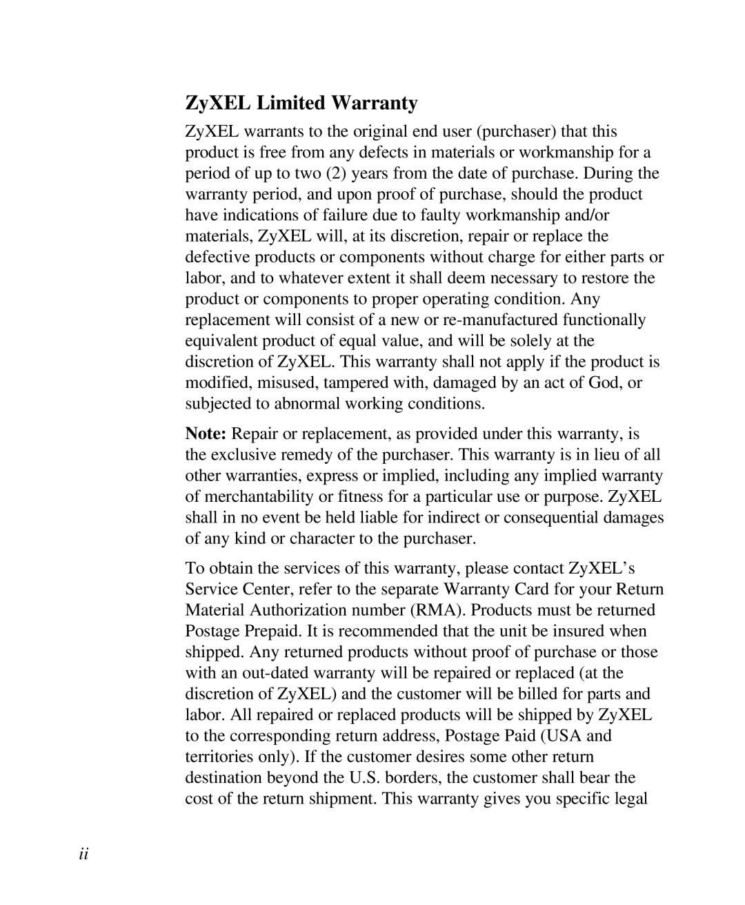 ZyXEL Communications U-336R/RE manual ZyXEL Limited Warranty 