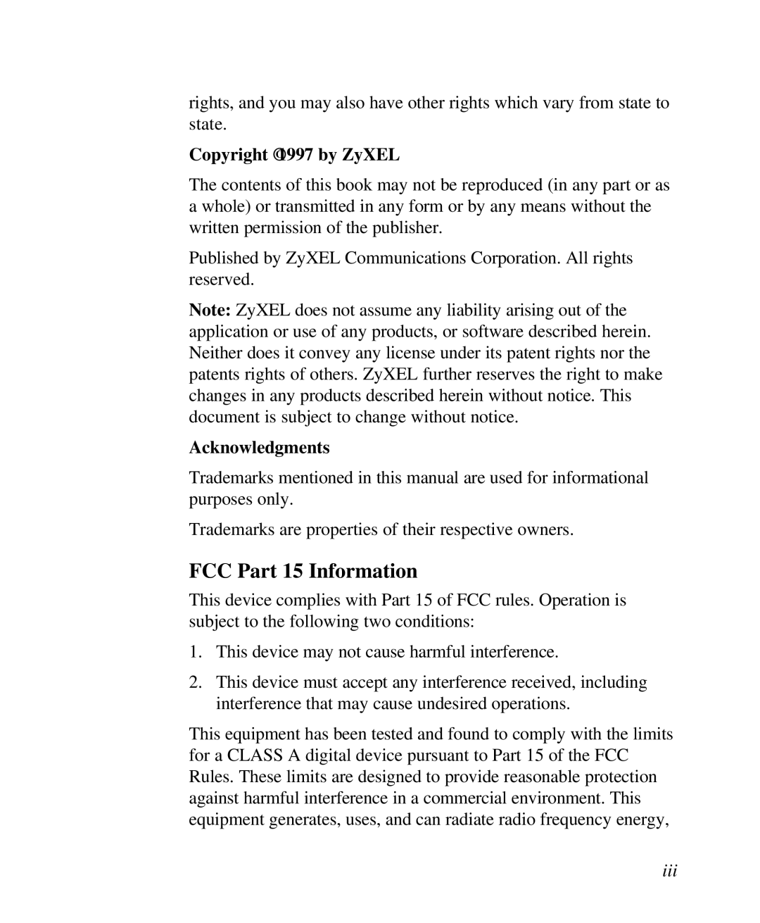 ZyXEL Communications U-336R/RE manual FCC Part 15 Information, Copyright 1997 by ZyXEL, Acknowledgments, Iii 