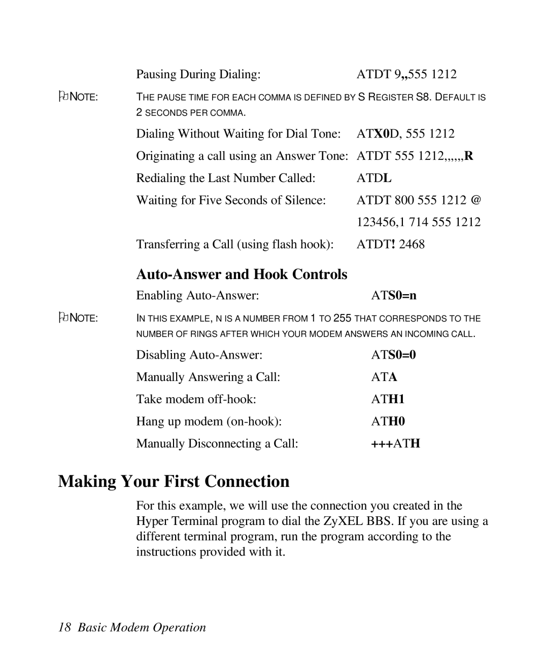 ZyXEL Communications U-336R/RE manual Making Your First Connection, Auto-Answer and Hook Controls, ATS0=n, ATS0=0, +++Ath 