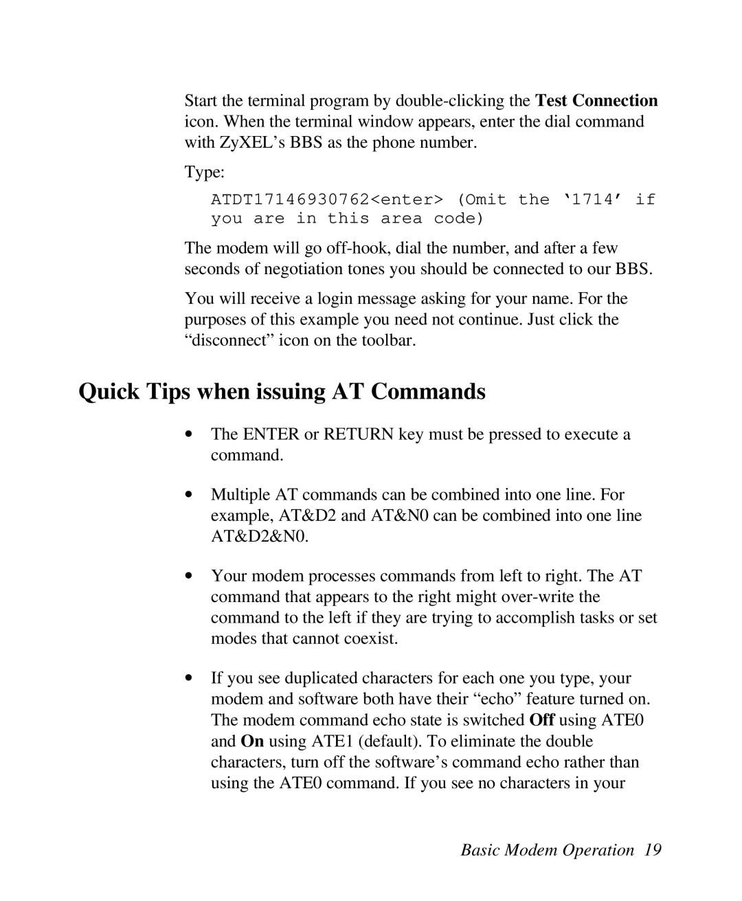 ZyXEL Communications U-336R/RE manual Quick Tips when issuing AT Commands 