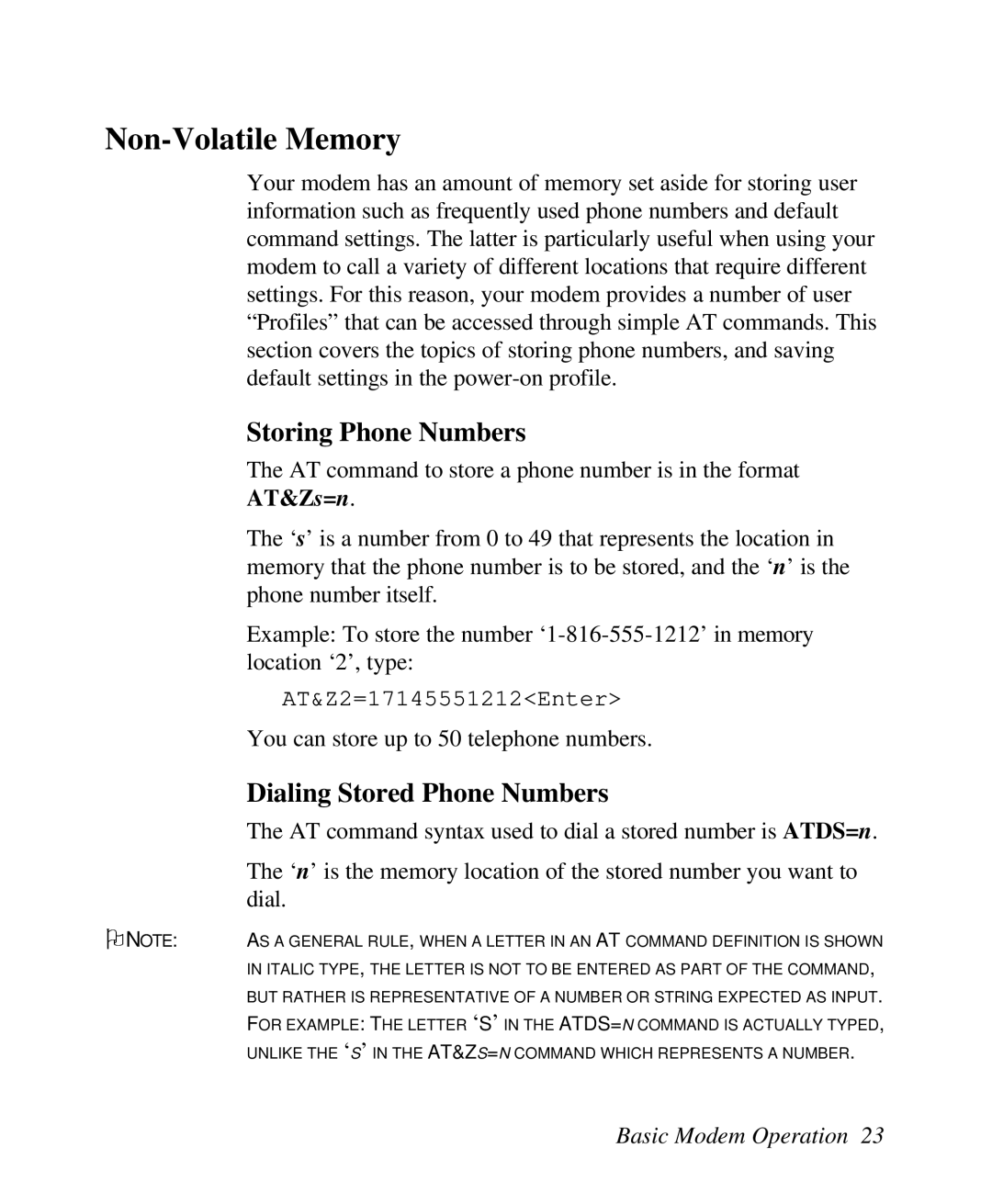 ZyXEL Communications U-336R/RE manual Non-Volatile Memory, Storing Phone Numbers, Dialing Stored Phone Numbers, AT&Zs=n 