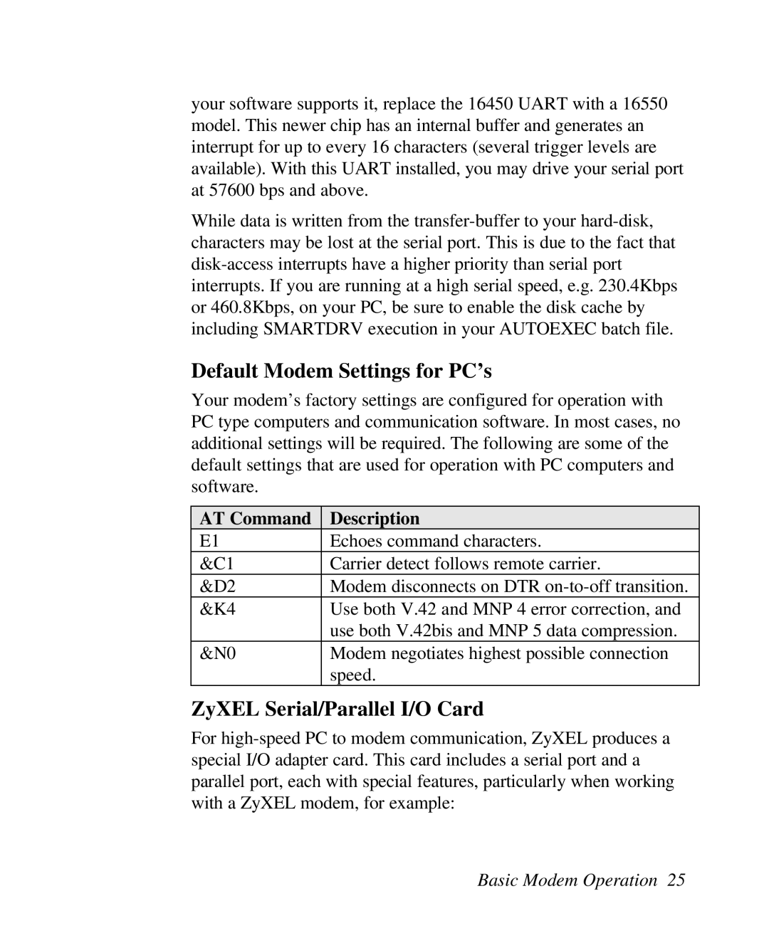 ZyXEL Communications U-336R/RE Default Modem Settings for PC’s, ZyXEL Serial/Parallel I/O Card, AT Command Description 