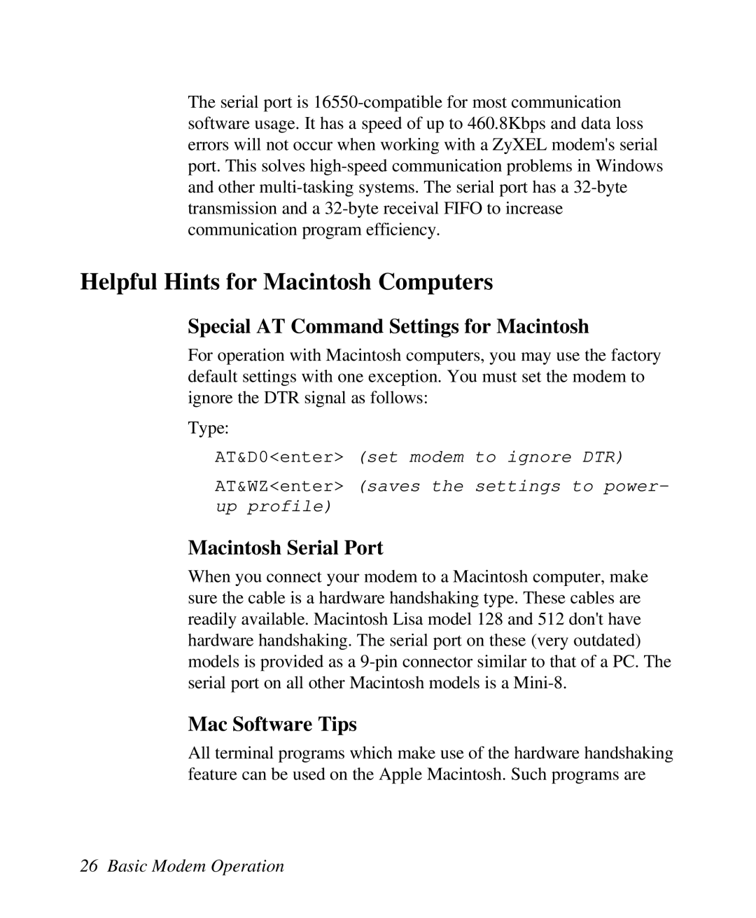 ZyXEL Communications U-336R/RE manual Helpful Hints for Macintosh Computers, Special AT Command Settings for Macintosh 