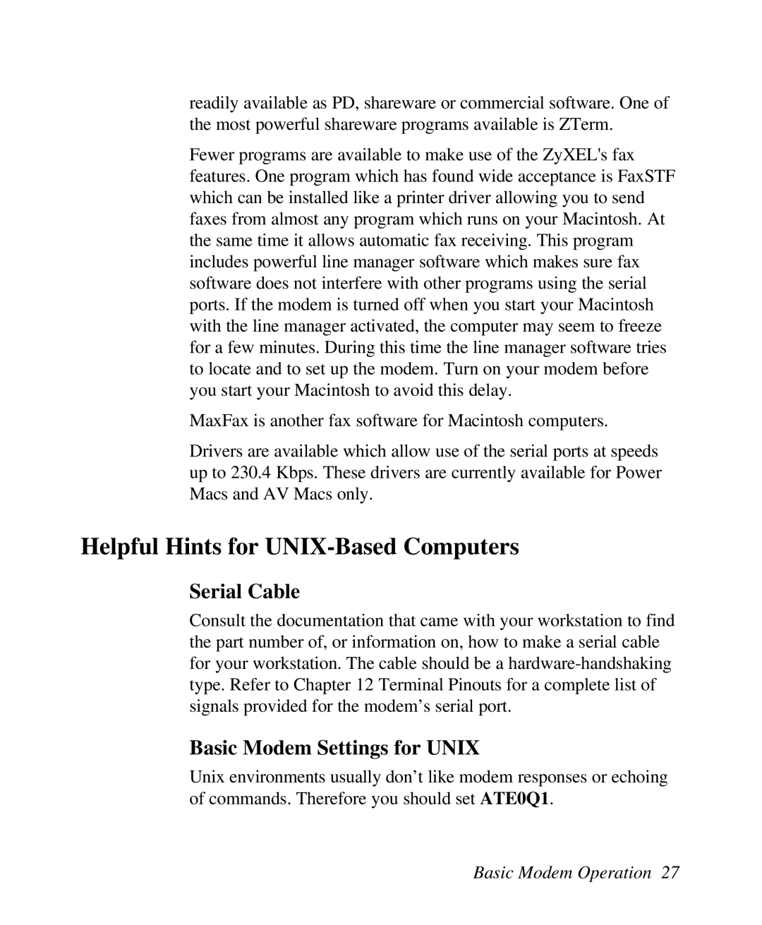 ZyXEL Communications U-336R/RE manual Helpful Hints for UNIX-Based Computers, Serial Cable, Basic Modem Settings for Unix 