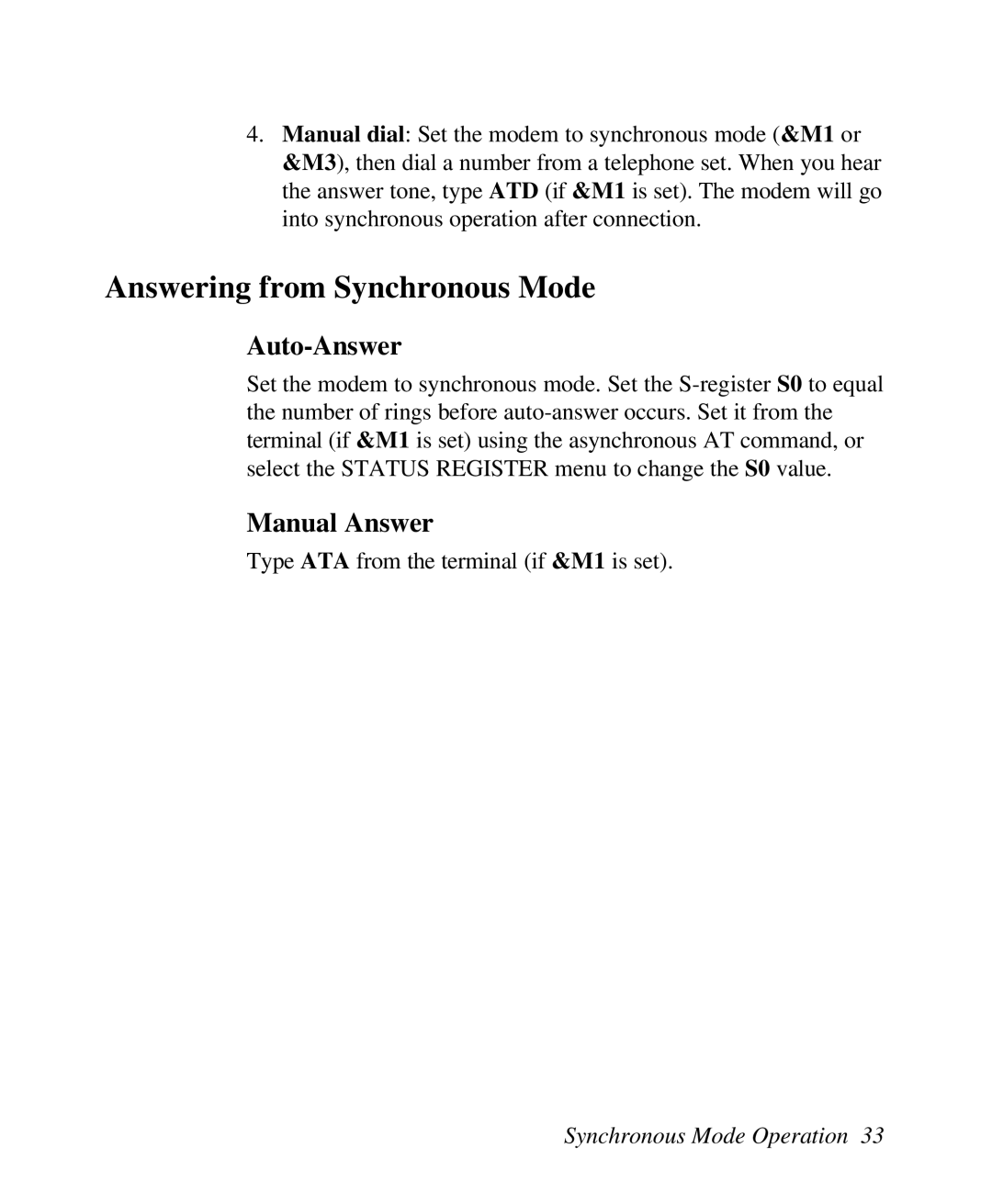 ZyXEL Communications U-336R/RE manual Answering from Synchronous Mode, Auto-Answer, Manual Answer 