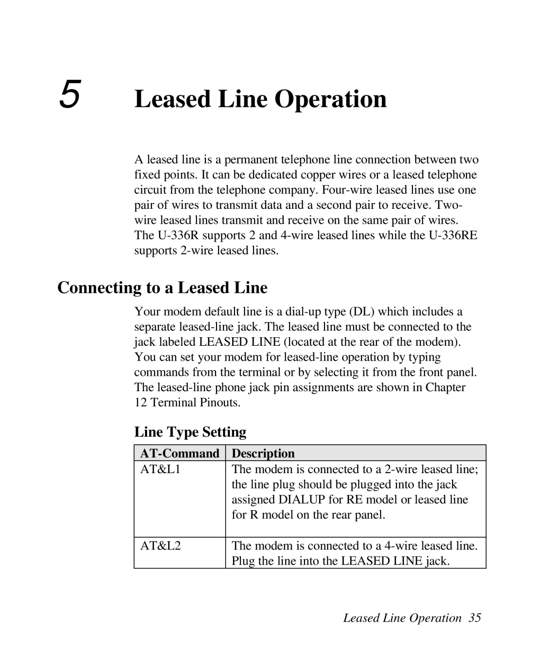 ZyXEL Communications U-336R/RE manual Leased Line Operation, Connecting to a Leased Line, Line Type Setting 