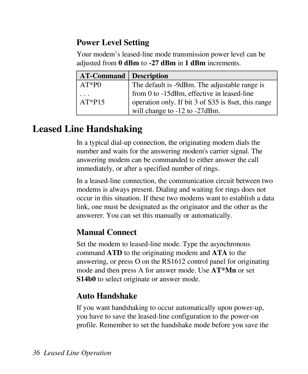 ZyXEL Communications U-336R/RE manual Leased Line Handshaking, Power Level Setting, Manual Connect, Auto Handshake, AT*P0 