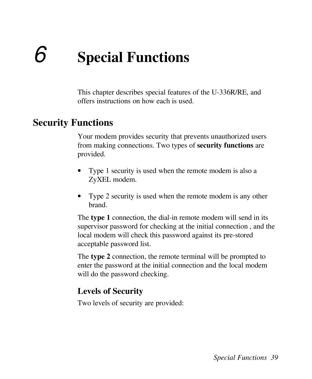 ZyXEL Communications U-336R/RE manual Special Functions, Security Functions, Levels of Security 