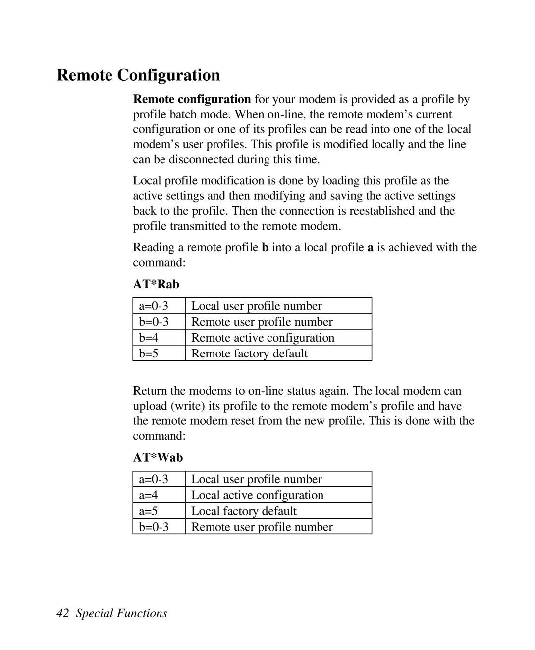 ZyXEL Communications U-336R/RE manual Remote Configuration, AT*Rab, AT*Wab 