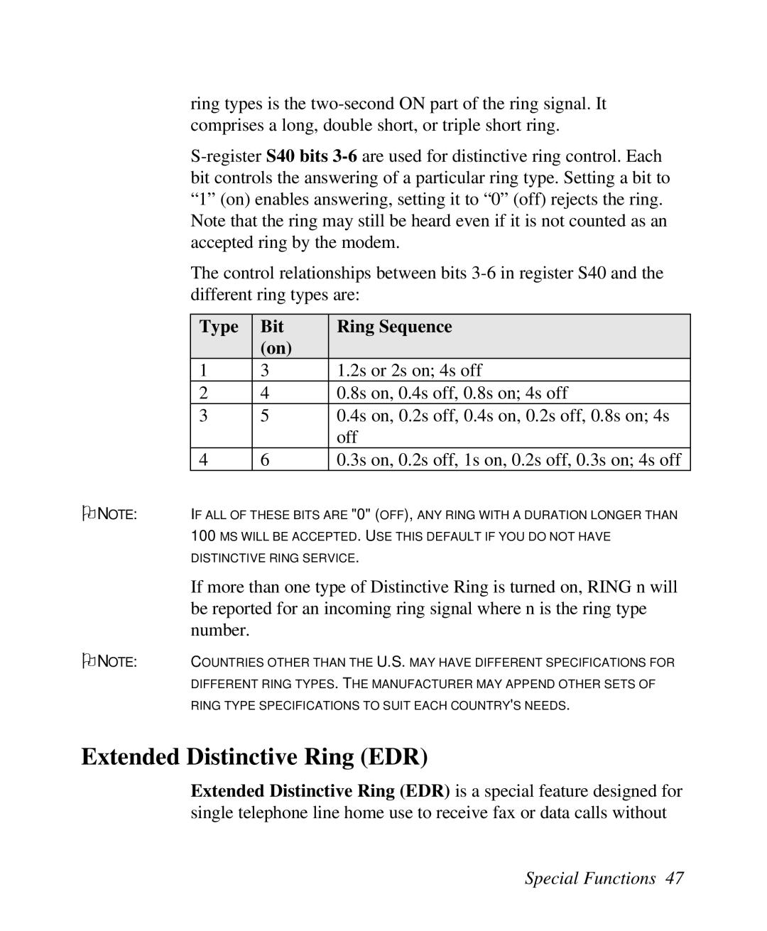 ZyXEL Communications U-336R/RE manual Extended Distinctive Ring EDR, Type Bit Ring Sequence 