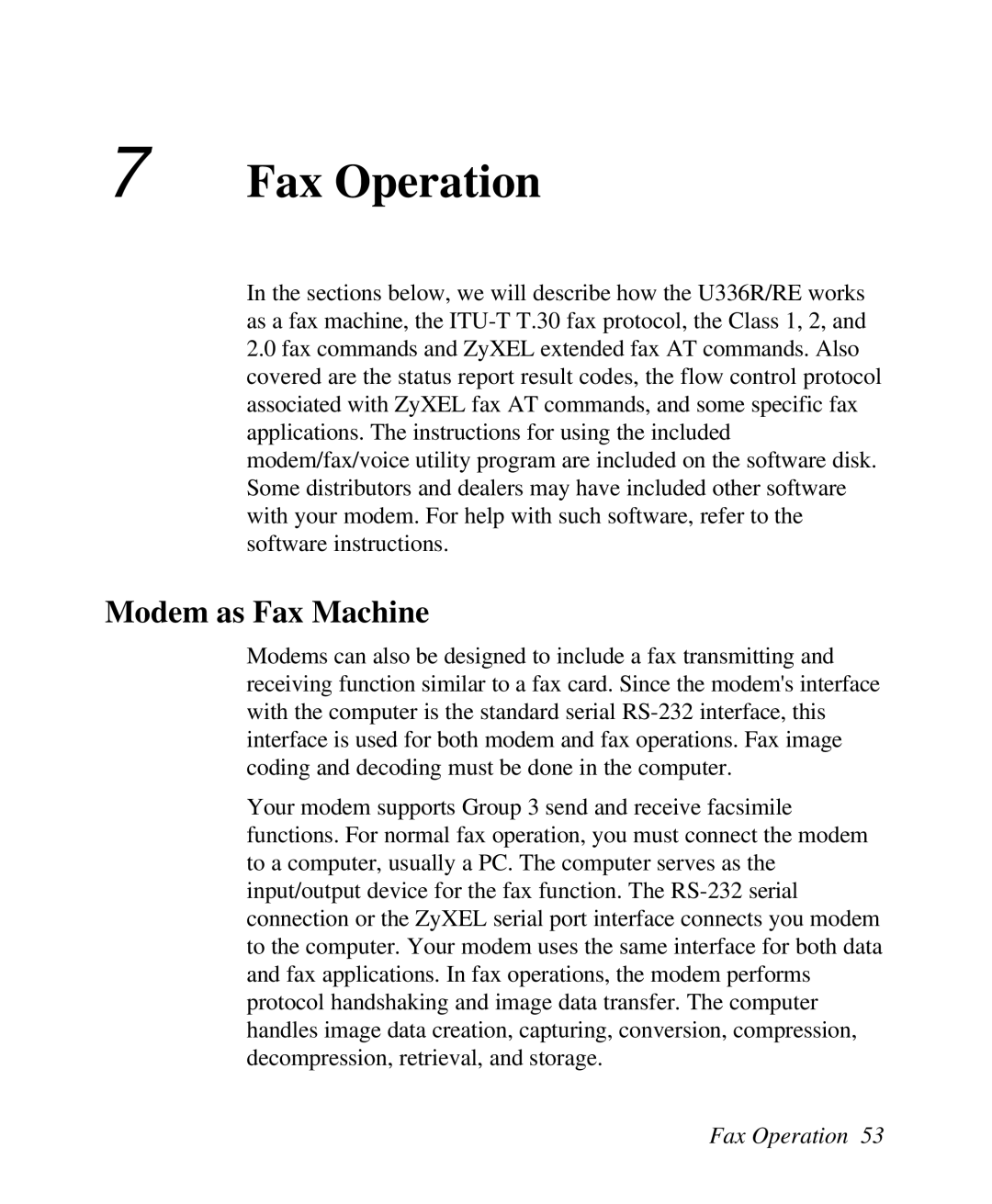 ZyXEL Communications U-336R/RE manual Fax Operation, Modem as Fax Machine 