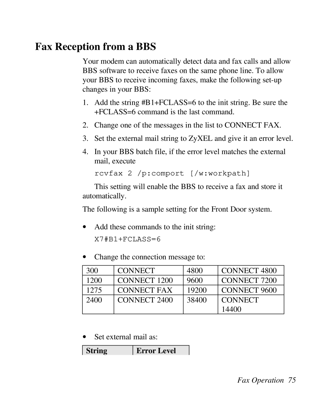 ZyXEL Communications U-336R/RE manual Fax Reception from a BBS, Connect, String Error Level 