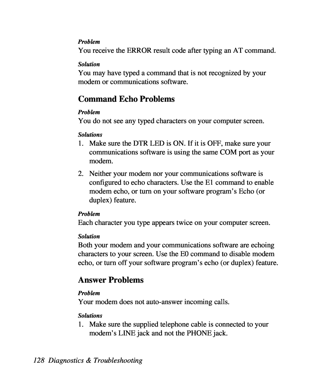 ZyXEL Communications U-336R/RE manual Command Echo Problems, Answer Problems, Diagnostics & Troubleshooting 