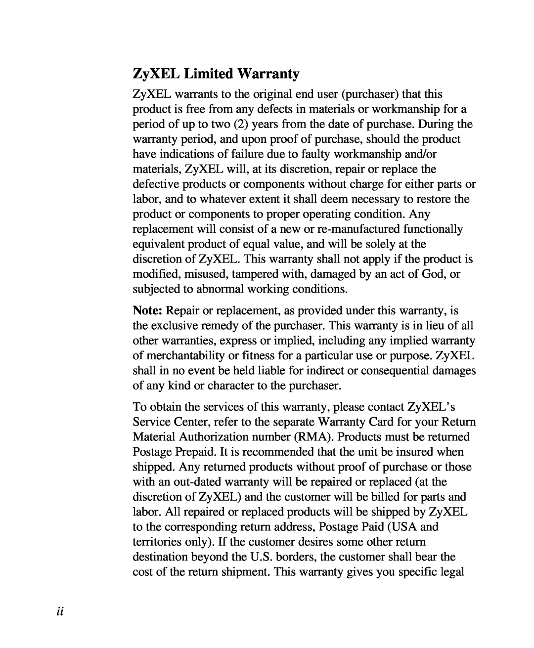 ZyXEL Communications U-336R/RE manual ZyXEL Limited Warranty 