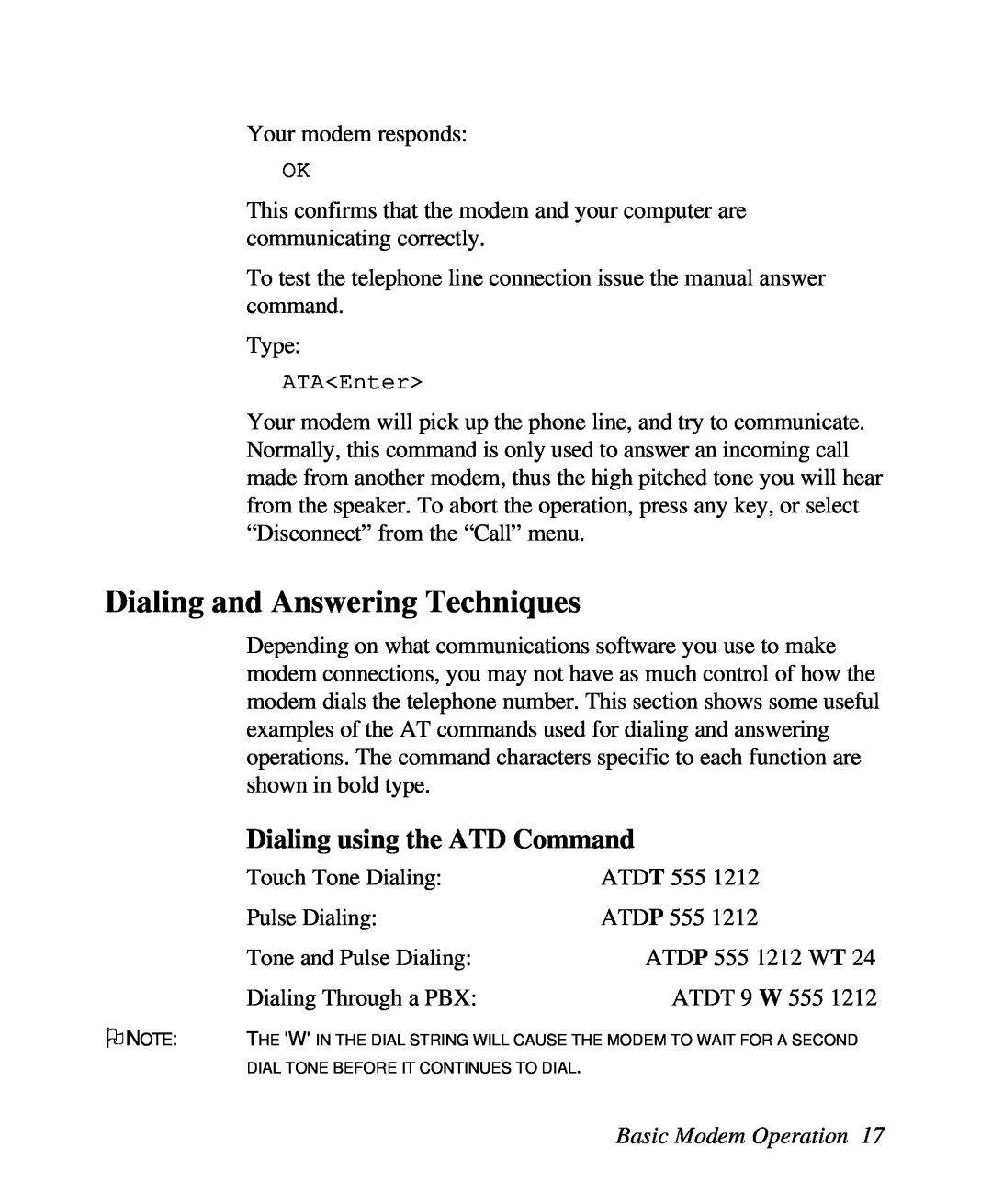 ZyXEL Communications U-336R/RE Dialing and Answering Techniques, Dialing using the ATD Command, Basic Modem Operation 