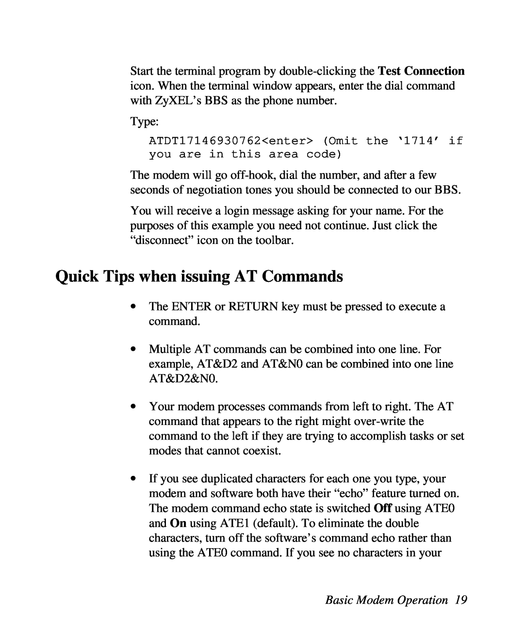ZyXEL Communications U-336R/RE manual Quick Tips when issuing AT Commands, Basic Modem Operation 