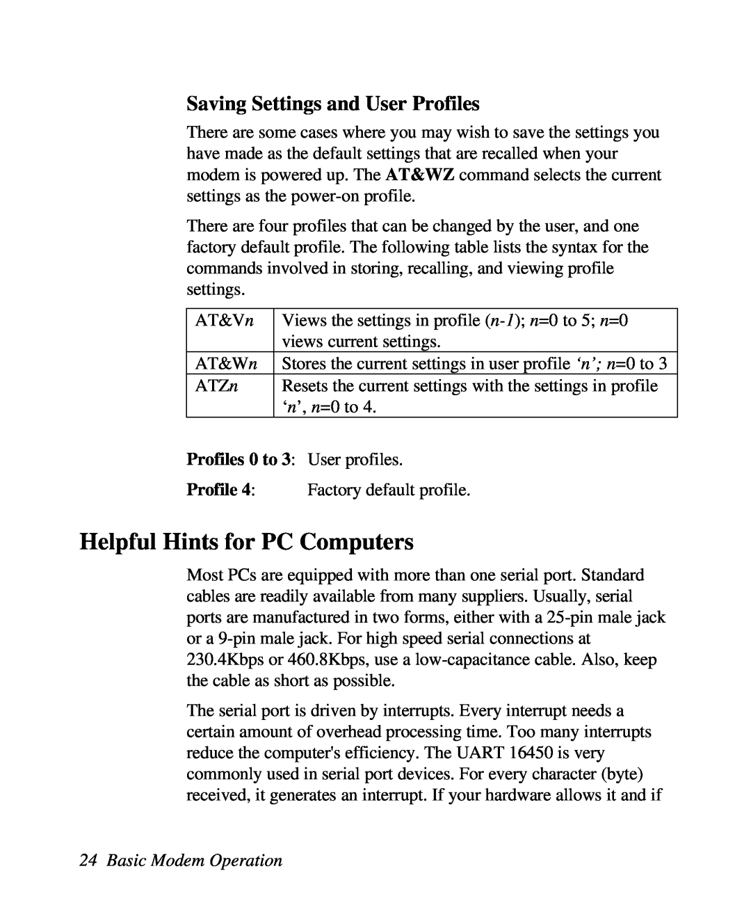 ZyXEL Communications U-336R/RE Helpful Hints for PC Computers, Saving Settings and User Profiles, Basic Modem Operation 