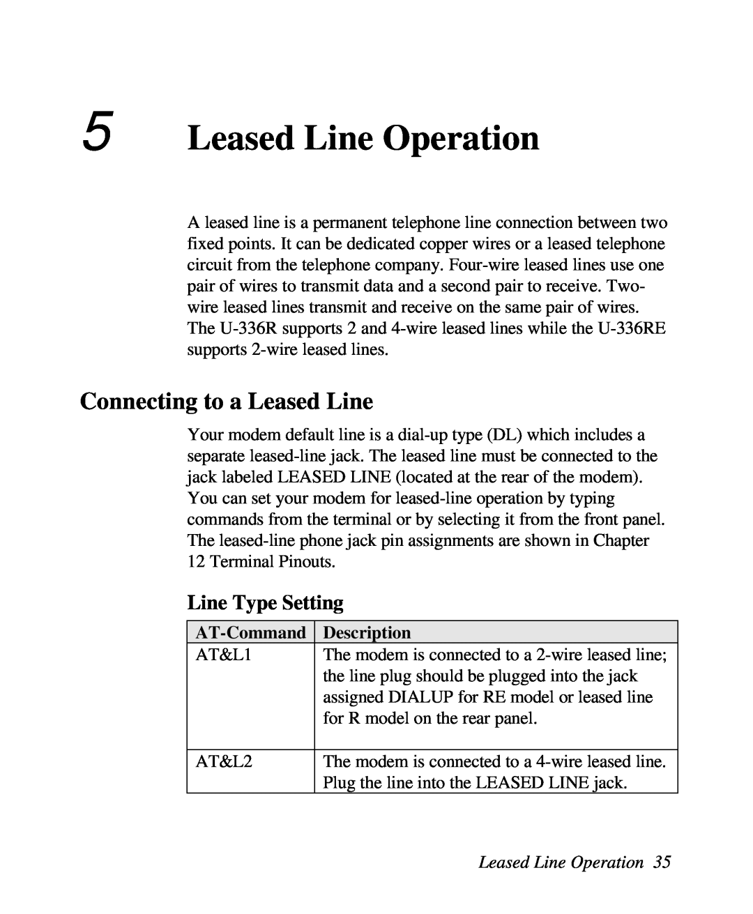 ZyXEL Communications U-336R/RE manual Leased Line Operation, Connecting to a Leased Line, Line Type Setting 