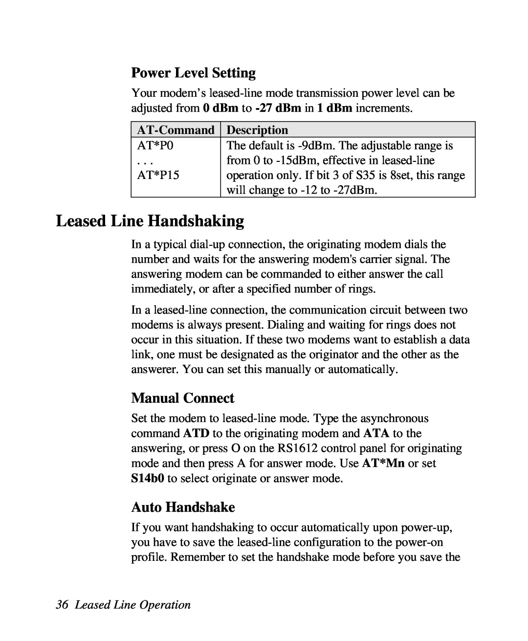 ZyXEL Communications U-336R/RE manual Leased Line Handshaking, Power Level Setting, Manual Connect, Auto Handshake 