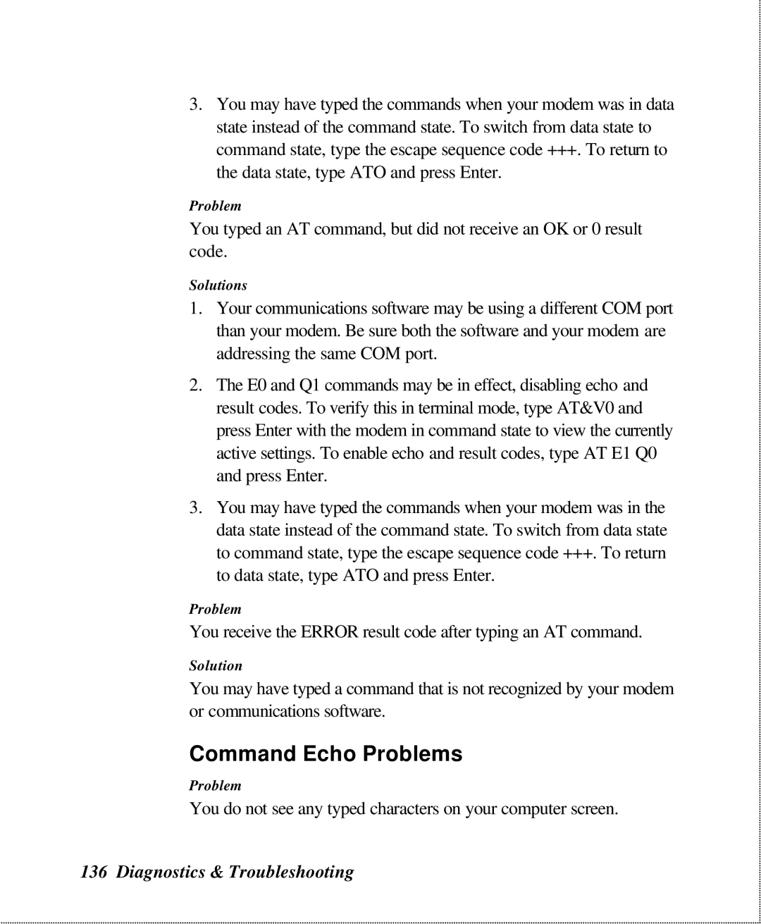 ZyXEL Communications U-336SA user manual Command Echo Problems 