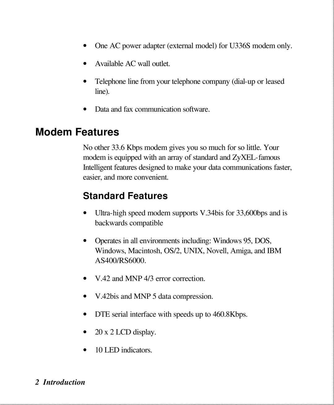 ZyXEL Communications U-336SA user manual Modem Features, Standard Features 