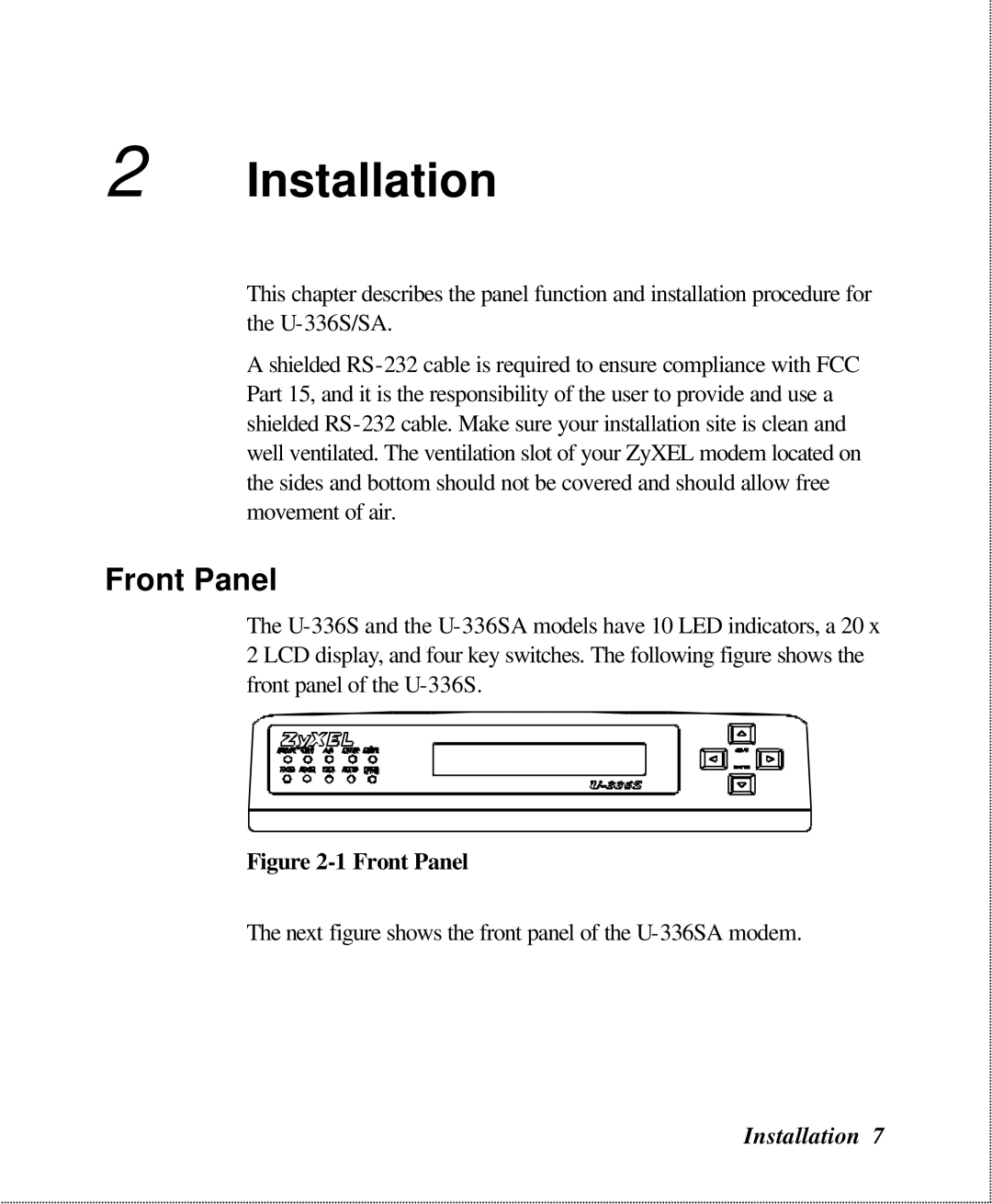 ZyXEL Communications U-336SA user manual Installation, Front Panel 