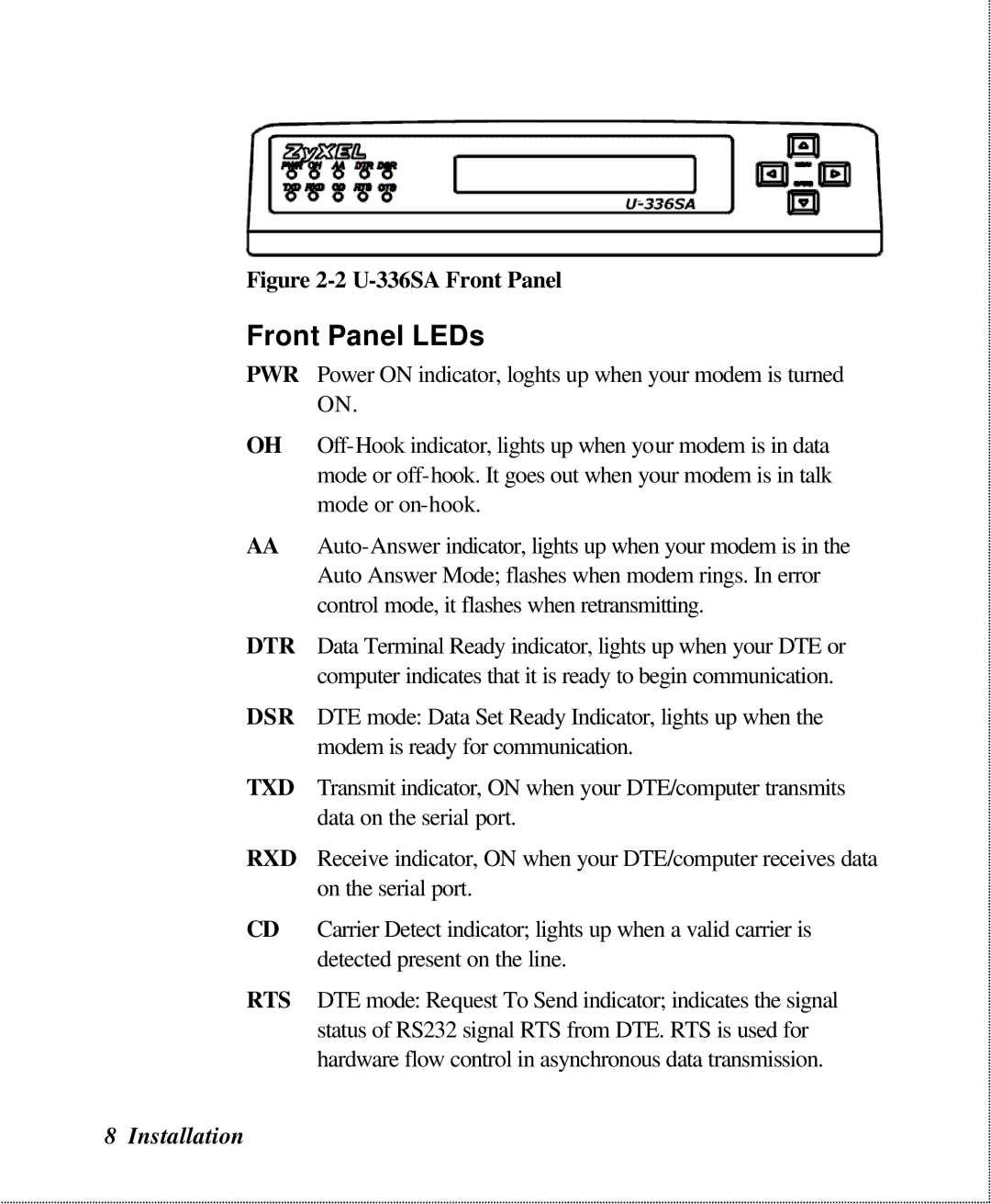 ZyXEL Communications user manual Front Panel LEDs, U-336SA Front Panel 