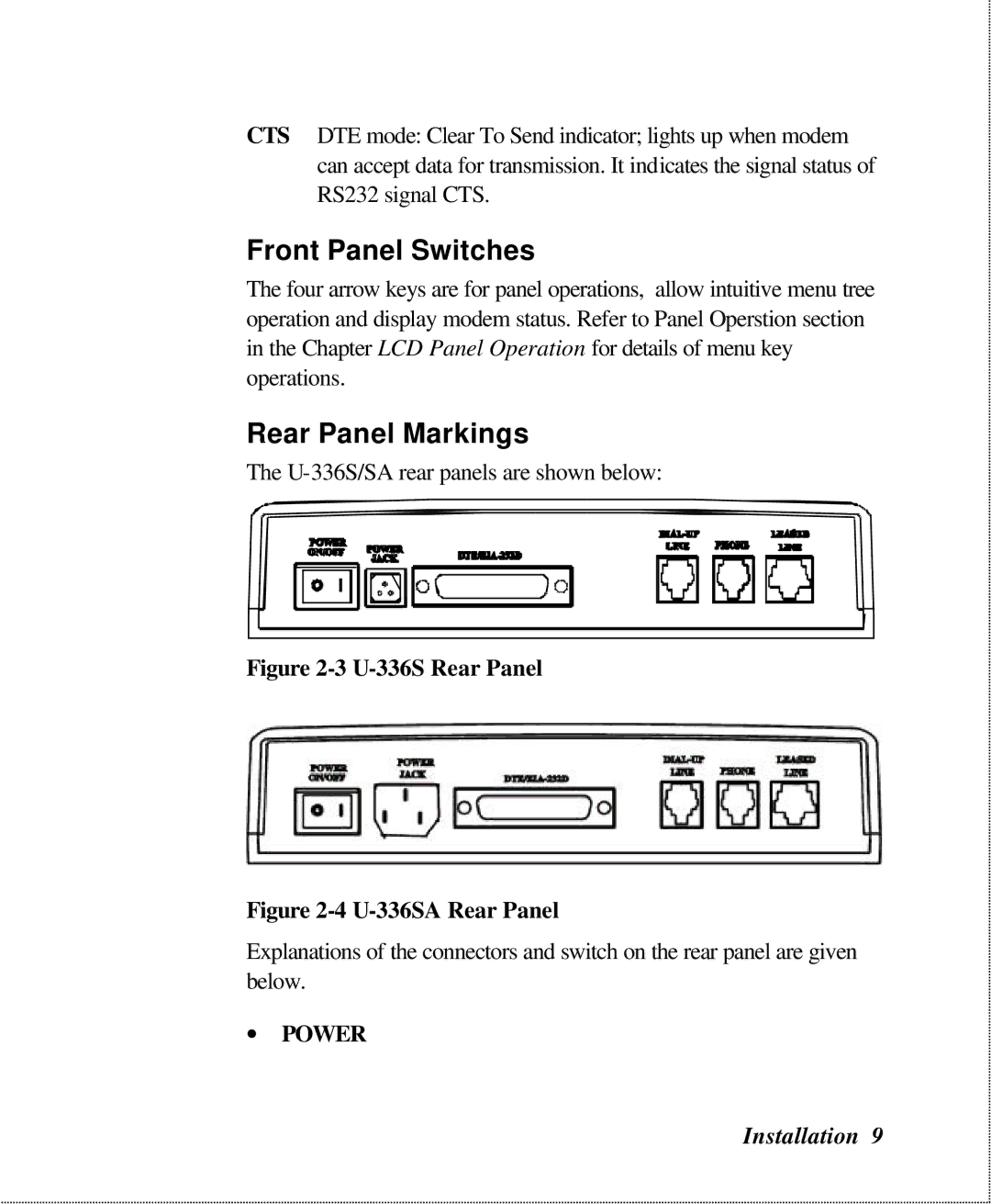 ZyXEL Communications U-336SA user manual Front Panel Switches, Rear Panel Markings 