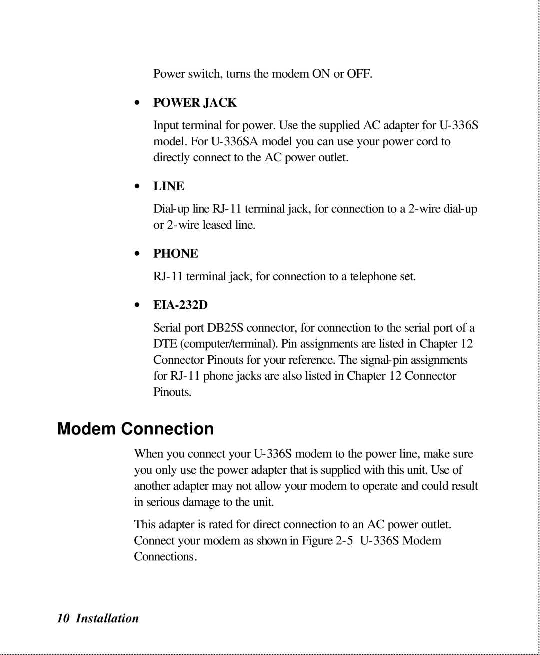 ZyXEL Communications U-336SA user manual Modem Connection, ∙ EIA-232D 