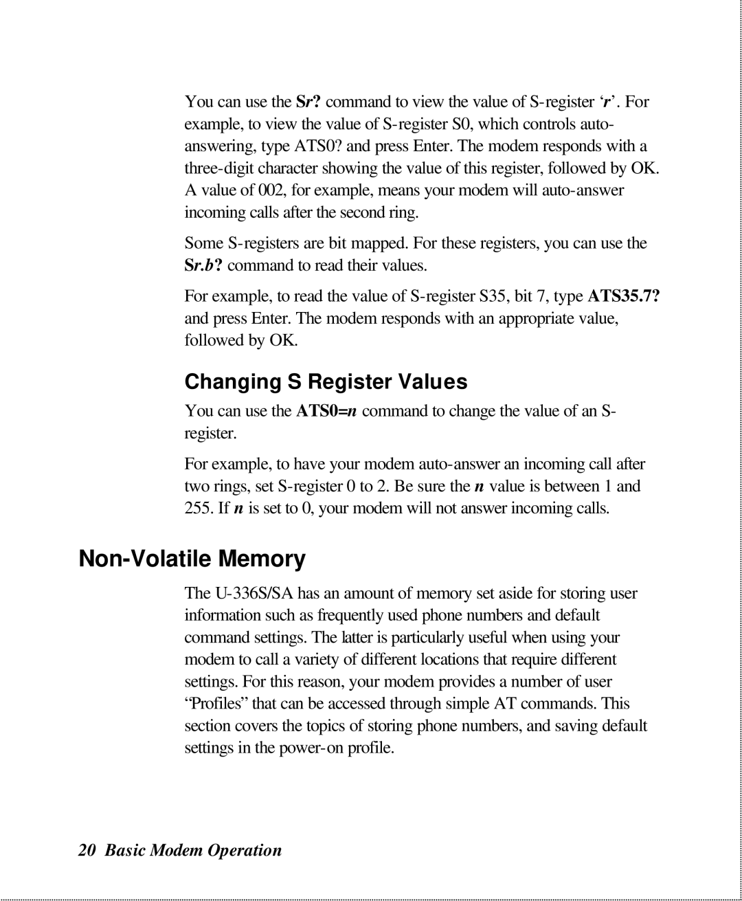 ZyXEL Communications U-336SA user manual Non-Volatile Memory, Changing S Register Values 