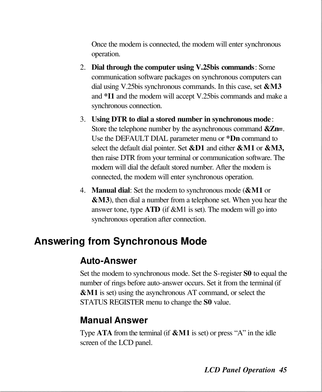 ZyXEL Communications U-336SA user manual Answering from Synchronous Mode, Auto-Answer, Manual Answer 