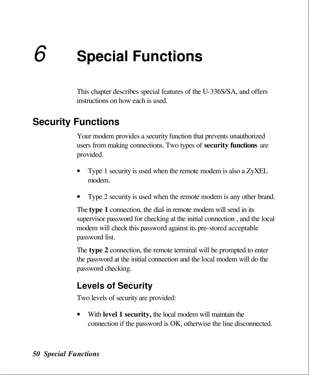 ZyXEL Communications U-336SA user manual Special Functions, Security Functions, Levels of Security 