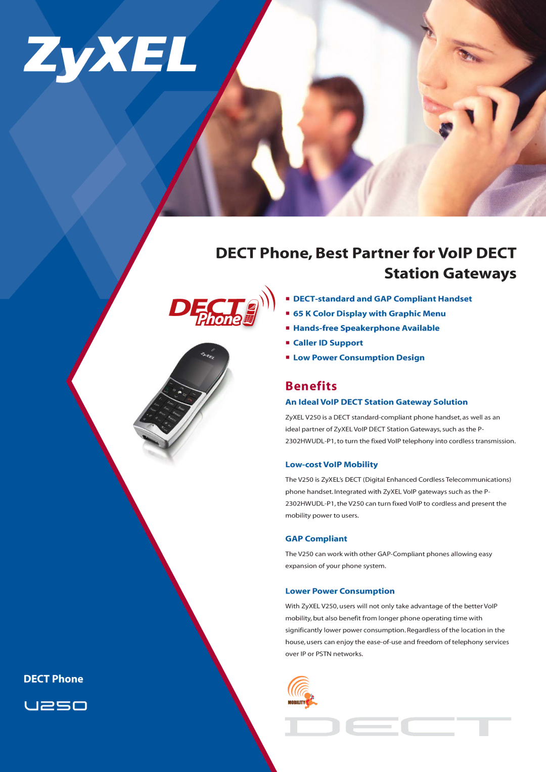 ZyXEL Communications U250 manual Benefits, An Ideal VoIP Dect Station Gateway Solution, Low-cost VoIP Mobility 