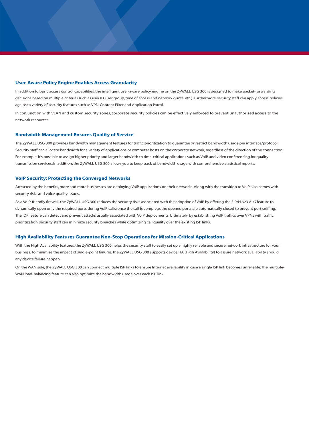 ZyXEL Communications USG 300 manual User-Aware Policy Engine Enables Access Granularity 