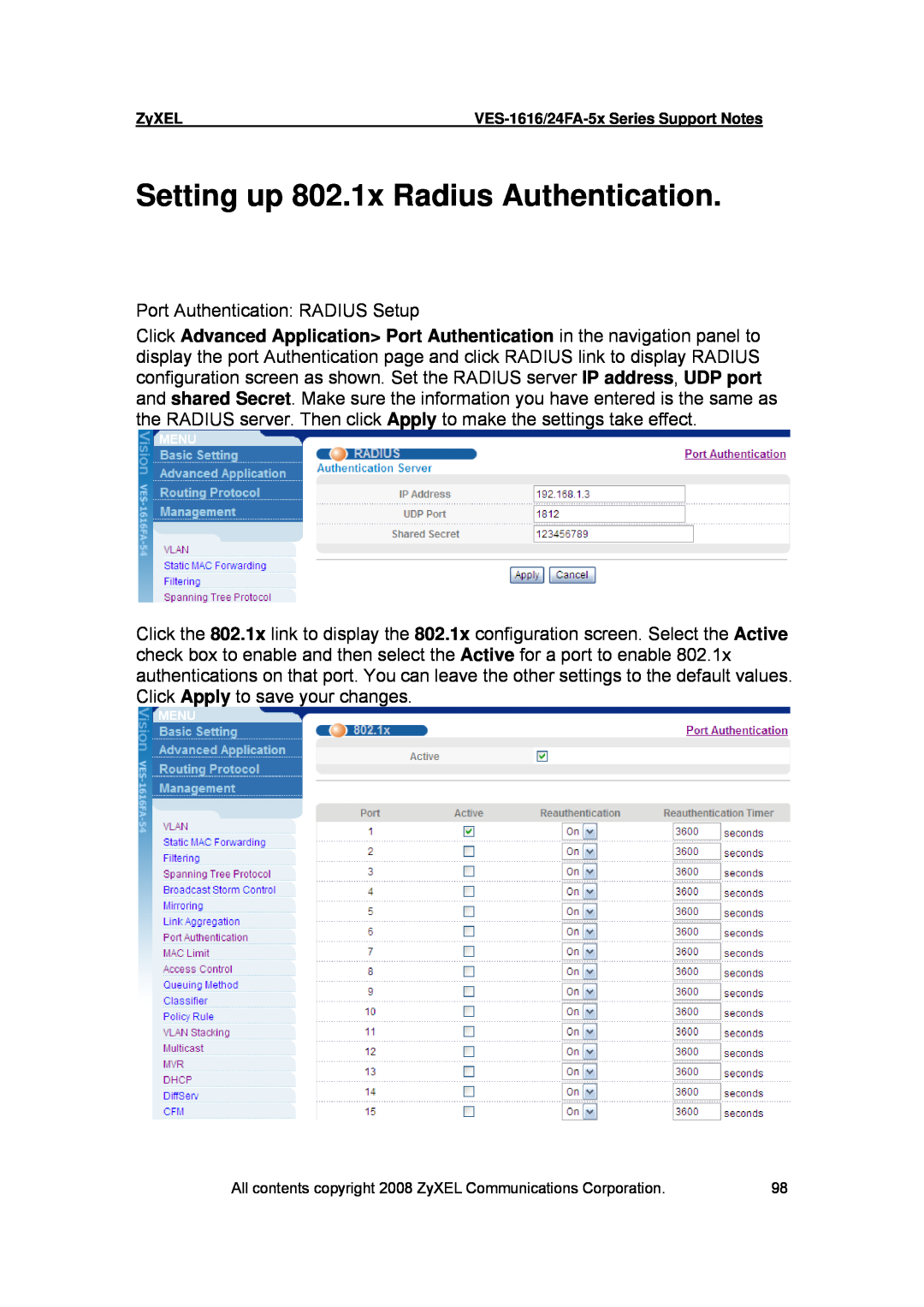 ZyXEL Communications VES-1616 manual Setting up 802.1x Radius Authentication 