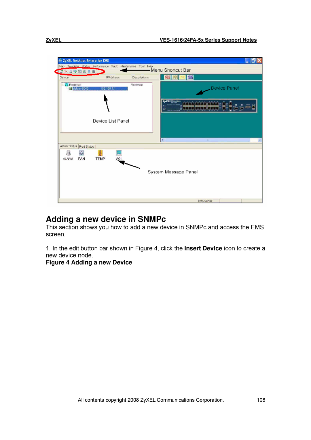 ZyXEL Communications VES-1616 manual Adding a new device in SNMPc 