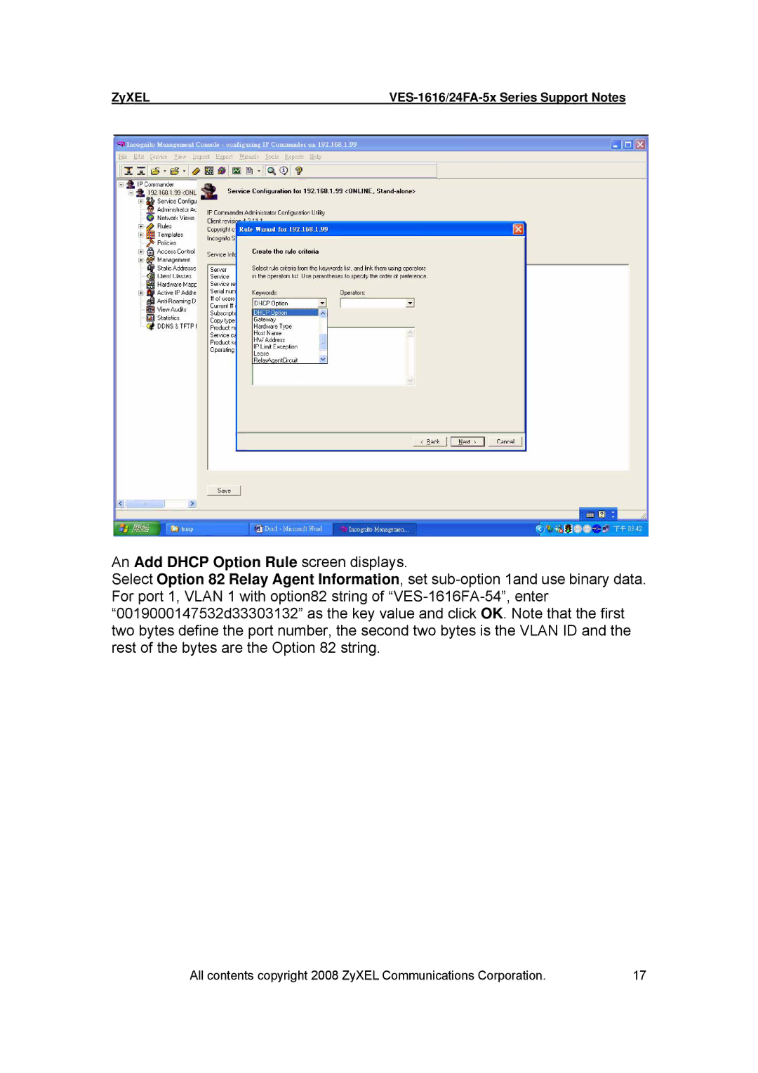 ZyXEL Communications VES-1616 manual An Add Dhcp Option Rule screen displays 